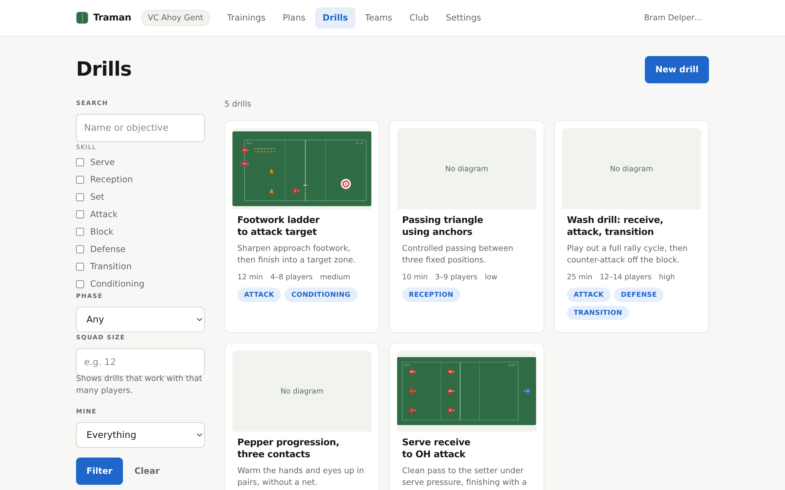 Every drill the club has, in one place, findable by what it trains.